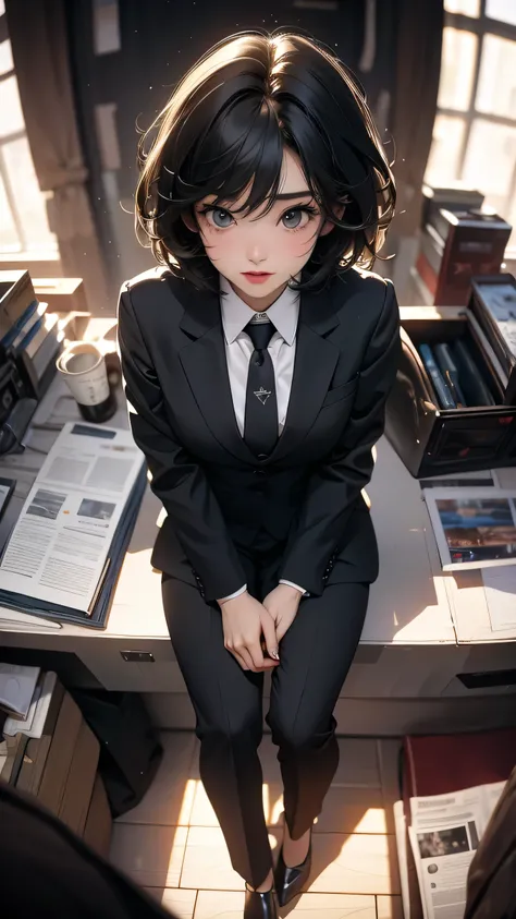 ((Highly detailed CG unit 8k wallpaper, masterpiece, High resolution, highest quality, highest qualityのリアルテクスチャスキン)), ((woman sitting at desk:1.3, upward glance, short hair, Nana Komatsu, black pants suit:1.2, A white shirt with the buttons undone:1.3, Wea...