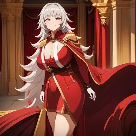 a woman wearing a red sex dress, wearing a red cape with gold details, silver hair, silver eyes, smiling, big breasts, in a large room with gold pillars, red curtain in the background, luxurious floors,HDR, very detailed, ultra resolution, masterpiece. 8k ...