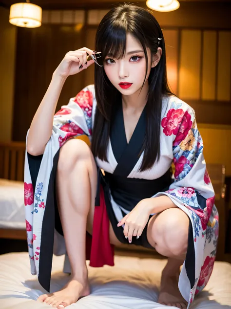 masterpiece, best quality, highres, 4k, 8k, ultra detailed, absurdres,vivid contrast, vibrant colors, full body,1girl, black hair, japanese clothes, solo, kimono,  long hair, makeup, hair ornament, red eyes, floral print, looking at viewer, red lips, lipst...