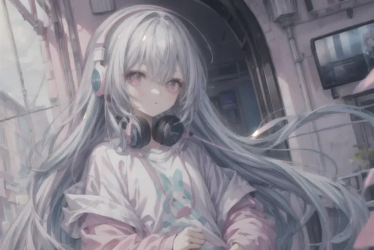 long light blue hair，pink and white sweatshirt，pink eyes，black headphones，