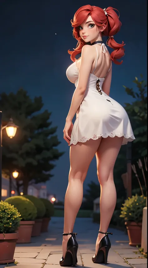 white woman, 21 years old year old, she wears a tiny lace dress, red hair, beauty, big ass, background garden in the night. Big breast. Full body, tall shoes, bimbo, pigtails, choker