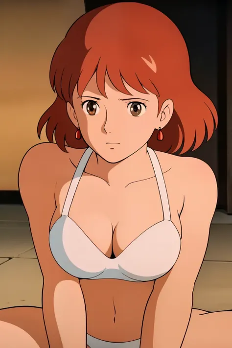 nausicaa, 1 girl, alone, cute, shy, （カメラeye線）、red earrings, brown hair, (watching from a distance, cleavage), upper body, (white...