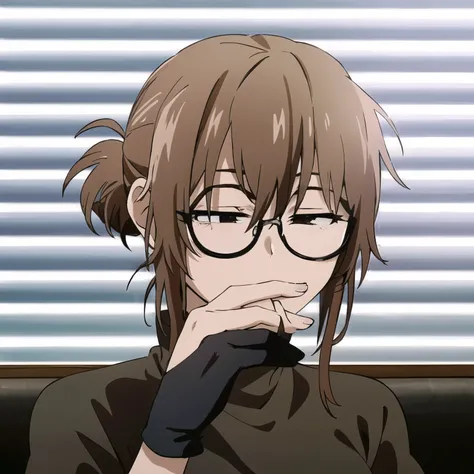 Girl image of a woman with glasses sitting in a chair, makoto, as an girl character, with index finger, in an anime, shinkai makoto, makoto shinka, sayori, iwakura lain, ayami kojima amano