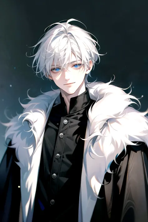 ((masterpiece)), best quality, ultra detailed, floating, high resolution, (1 boy), short hair, white hair, blue eyes, smile faci...