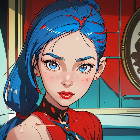 Marinette Dupain-Cheng, a 25-year-old woman with a radiant countenance, her blue hair pulled back into a ponytail, exudes a mysterious allure as she dons a charming 1950s decade costume with a bold red hue. The vintage fashion accentuates her elegance, add...