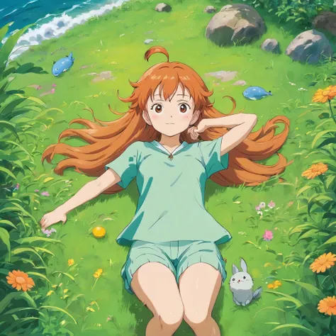 Nami, studio ghibli style, appearance adapted from Studio Ghibli, landscape background, Studio ghibli filter, traces of studio ghibli, calm features, icon, aesthetic, Studio ghibli, character lying on the grass