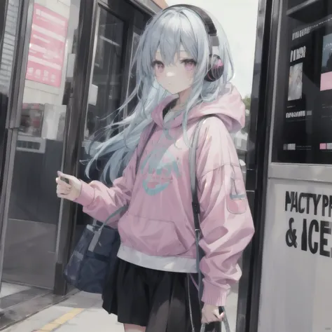 Long light blue hair，Pink and white sweatshirt，pink eyes，black headphones