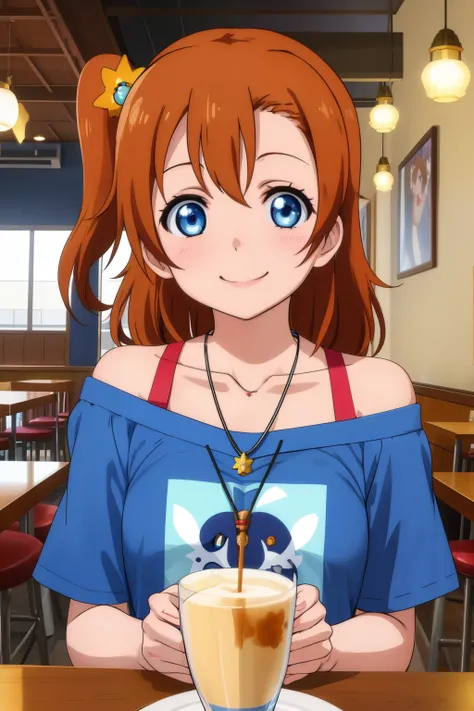 upper body, kousaka honoka, blue eyes,off shoulder t-shirt, necklace,in cafe , smile , hair ornaments 