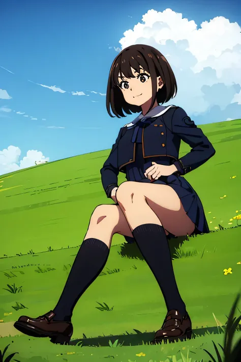 wearing ，sailor suit，dark blue clothes，Stand and cross your arms,black knee socks,Wearing brown leather shoes，Shiny leather shoes,whole body,step on the ball,smile,soccer field,Grass background,(perspective from below)