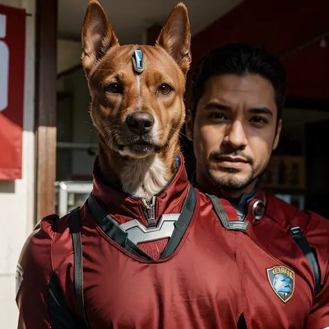 Foto de un perrito con un traje de ironman