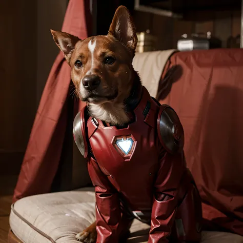 Foto de un perrito con un traje de ironman