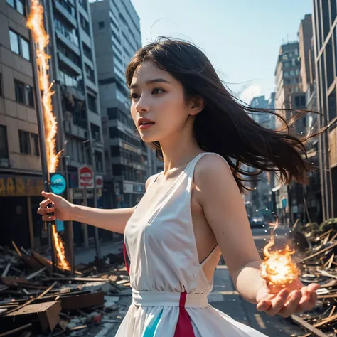 (highest quality、4k、8k、High resolution、master piece: 1.2)、Super detailed、(real、photorealistic、photorealistic: 1.37)、Destruction of a Great City、(A telekinetic woman stands in front of a spaceship controlled by the invaders:1.37) 、(Women are young and beaut...