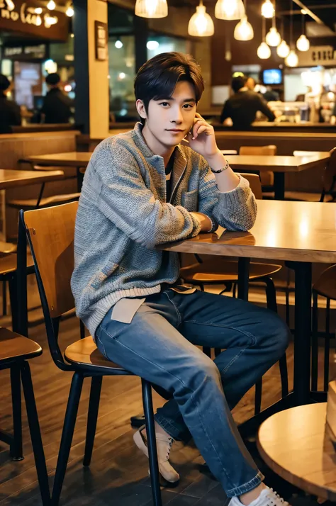 a fullbody photo handsome man taiwan wearing casual clothes sitting in chair with yhe table are coffee in coffeshop in city ,atmosphere at night. best resolution image.