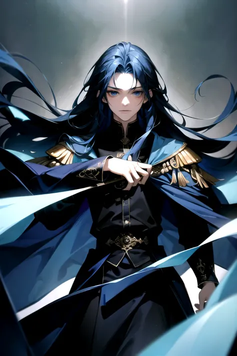 ((Masterpiece)), Best Quality, Ultra Detailed, Floating, High Resolution, (1 boy), long hair, blue hair, blue eyes, black shirt, blue cloak