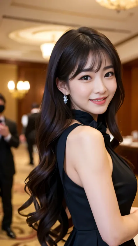 Best-quality, Masterpiece, Ultra-High-Resolution, (Photorealistic:1.4), Raw-Photo, 1girl, the most famous Japanese actress, at large banquet-hall in luxury hotel, having a lot of fun at big-banquet, wearing extremely gorgeous evening-dress, (extremely beau...