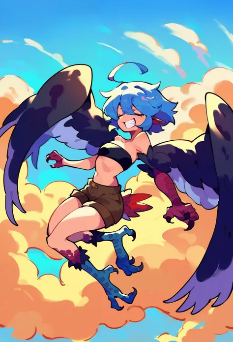 score_9, score_8_up, score_7_up, source_anime, solo, 1girl, mmpapi, monster girl, grin, flying, blue hair, ahoge, closed eyes, feathered wings, winged arms, talons, black tube top, bandeau, short shorts, blue sky, cloud 