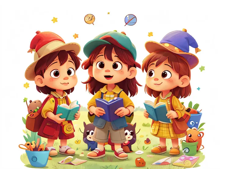 three children are reading a book together wearing hats and holding a book, colorful kids book illustration, kids book illustration, cute storybook illustration, story book illustration, a storybook illustration, children book illustration, storybook illus...