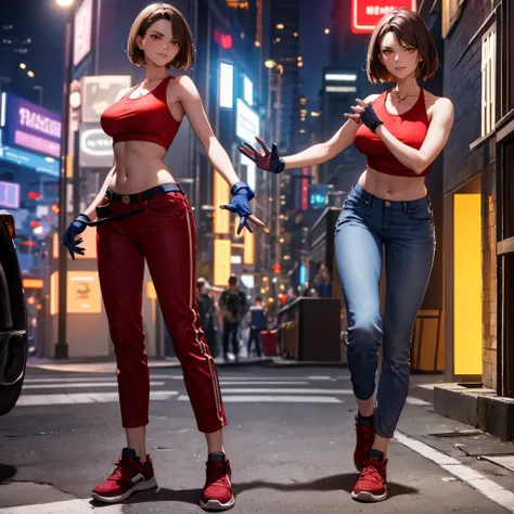 A woman wearing a short sleeveless red shirt, long jeans, sneakers, brown hair, yellow eyes, smiling, with blue gloves, in a fighting stance on a street at night, HDR, very detailed, ultra resolution, masterpiece. 8k hd.
