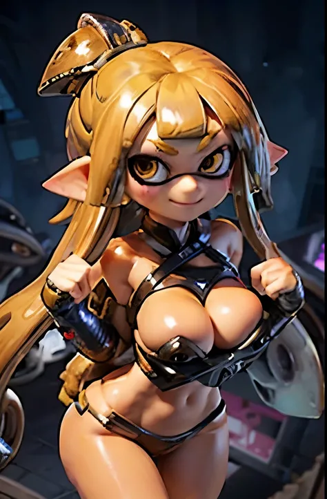 Splatoon girl 、big breasts、Golden tentacle hair、Pose that emphasizes the breasts、sexy dynamic pose、smile、