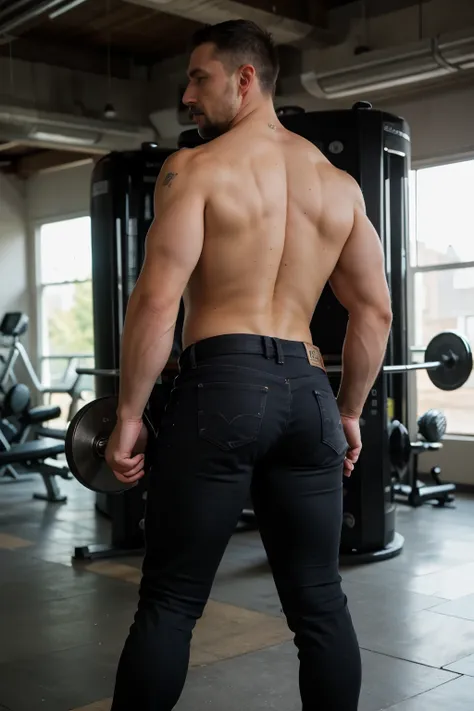 realistic photo of  muscular and masculine man, 40 years old, full body, mustache,  detailed face. In the gym.  tigth black jeans shorts .backside