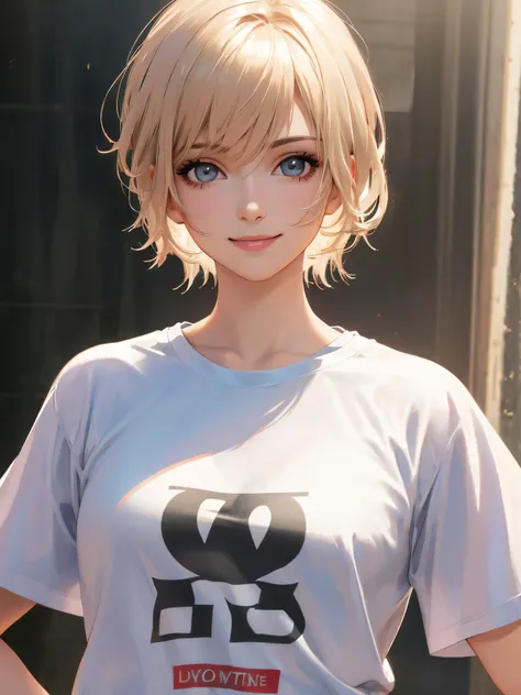 highest quality, ultra high resolution, (realistic: 1.4), beautiful Eyes, Super beautiful, very short hair, beautiful, lover, T-shirt with rough chest, beautiful Soldier, Eyes that invite the viewer, lover&#39;s perspective, inviting look, sexy smile, perf...