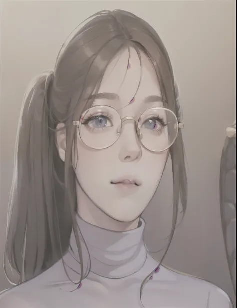 Cute a close up of a woman wearing glasses and a turtle neck sweater, kawaii realistic 