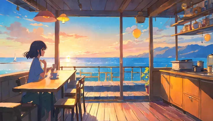 Back view of a European girl with medium long hair、Enjoy a cup of coffee on the terrace of a cafe while watching the beautiful sunrise over the sea.1 cup， Rear view of a person leaning on his elbows and looking at the sea，dream, please wear headphones, ana...