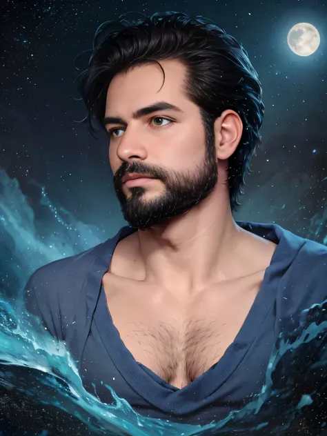 obra maestra, Mejor calidad, high resolution, primer retrato, enfoque masculino, enfocarse solo, muscular, fuerte, peludo, male, un hombre, en un mar, con la mitad de su cuerpo sumergido en el agua, behind a starry sky with a moon in the center, amazing co...