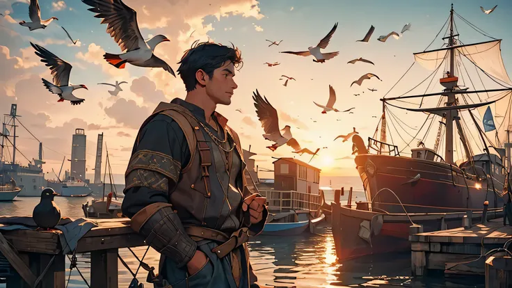 A young fisherman with black hair, wearing rugged attire, conversing with locals at the bustling port, dock. Lighting from a setting sun casts warm tones and long shadows, emphasizing the scenes authenticity. Distant ships and seagulls in the background ad...