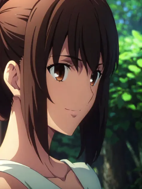 fateshirley, 1girl, solo, brown hair, short ponytail, brown eyes, white dress, sleeveless, cleavage, masterpiece, best quality, smile,forest, ufotable screen cap, close-up, ufotable style