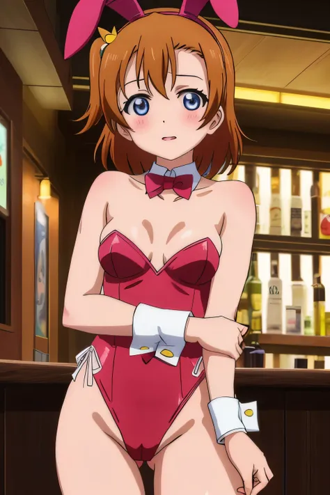 Kousaka honoka, night, bar, playboy bunny, short hair, hair ornament, crotch lines, upper body