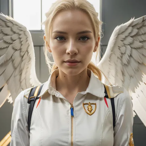 a close up of a woman with wings, mercy from overwatch game (2016), heavily upvoted, before and after, one angel, one blonde, stock image, ambulance, anime visual of a young woman, diverse medical cybersuits, bald lines, 7 7 7 7, albino, Photography Papara...