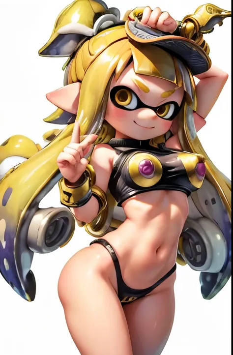 Splatoon girl 、super big breasts、Golden tentacle hair、Pose that emphasizes the breasts、sexy dynamic pose、smile、