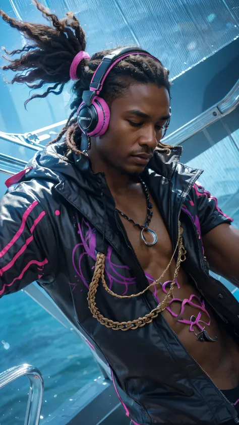 (best quality,4k,8k,highres,masterpiece:1.2),ultra-detailed,(realistic,photorealistic,photo-realistic:1.37),close-up,black 1man,neon headphones,background artwork,more details,fantastic artstyle,extremely detailed artgerm,dreadlocks-hair,(handsome,carefull...