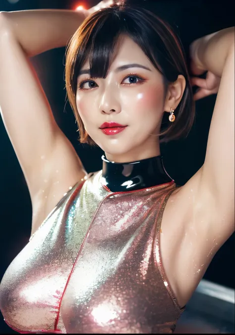 ((Japanese sexy idol))　35 years old　(Blonde short hair with bangs)　((Smokey makeup dark makeup with black eyeshadow))　plump cheeks　((Bright red rouge plump lips))　big breasts　Big eyes　cyberpunk pool　((Super shiny silver metallic cheongsam))　 masterpiece　8K...