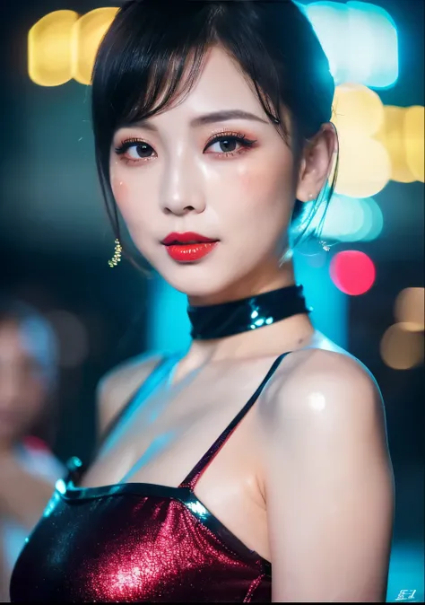 ((Chinese sexy idol))　31 years old　(Blonde shorthair with bangs)　((Smokey makeup dark makeup with black eyeshadow))　plump cheeks　((Bright red rouge plump lips))　big breasts　Big eyes　cyberpunk pool　((Super shiny blue metallic cheongsam dress))　 masterpiece　...