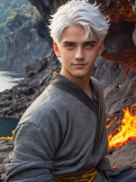 Photo of a guy with white hair and yellow eyes, High detail, Clarity, 8 cc, young guy, 18 years, light gray hair, short haircut, Yellow eyes, grin, fire crown, lava is everywhere, A huge cave, guy kneeling near the lake, realism, fantasy,