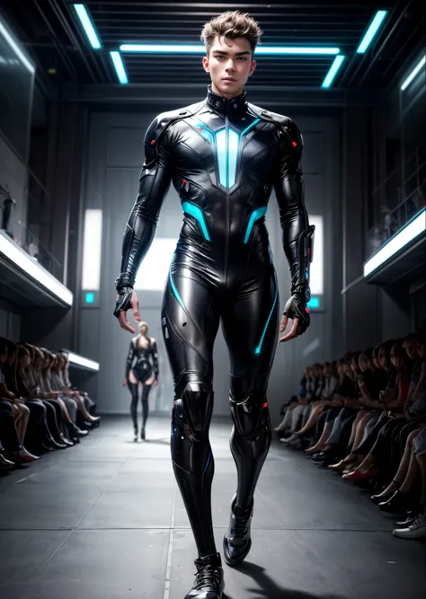 arafed male model in a tan and black outfit walking down a runway, futuristic clothing, wearing futuristic clothing, futuristic tech wear, futuristic clothes, futuristic fashion clothing, skintight suits, futuristic fashion show, clothes from the future, b...