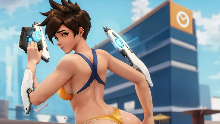 Tracer from Overwatch is wearing a slutty bikini. sexy. bending over. back view. looking at viewer. nsfw. slut. thicc_ass