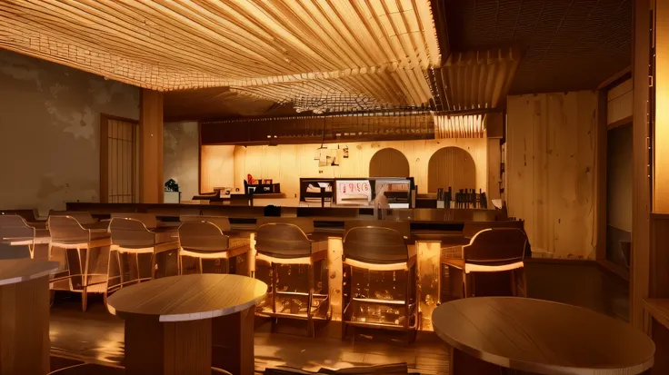 Japanese beer bar interior, minimalist, wood, glass, lights