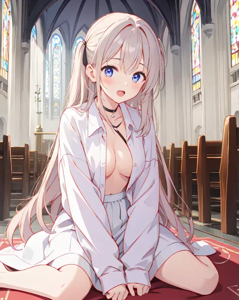 inside a church，The 16-year-old girl knelt on the ground piously，Do not wear clothes，Do not wear，White underwear，White knee socks，White hair，blush，Rub your chest with your hands，White，A collar is worn around his neck，Half open mouth，The shirt is all unbutt...