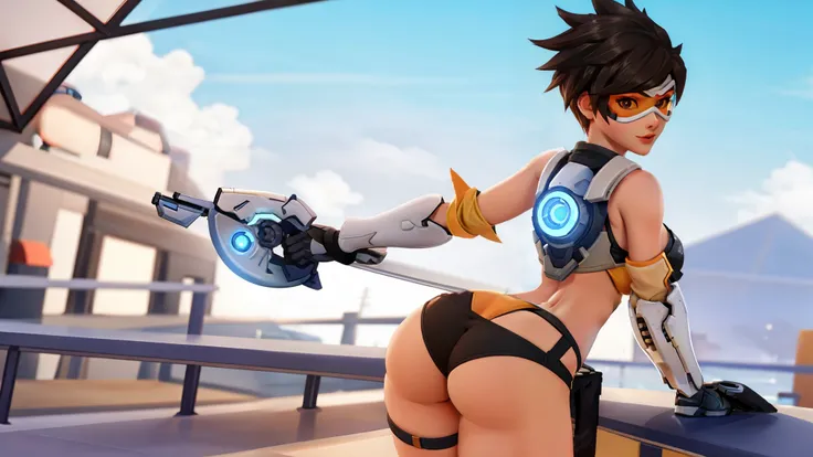 Tracer from Overwatch is wearing a slutty bikini. sexy. bending over. back view. looking at viewer. nsfw. slut. thicc_ass, small_boobs