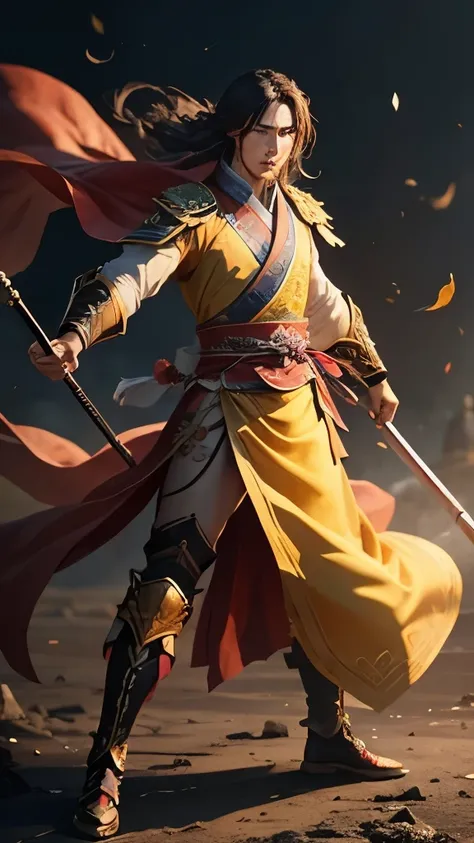 a man, full body shot, Close-up of the whole body on the front, zhao yun, xianxia hero, bian lian, Full body martial arts, wuxia, Chinese warrior, Guan yu, heise jinyao, feng shu, hua cheng, Inspired by Huang Shen, Sha Xi, Wearing a gold-plated red robe, p...