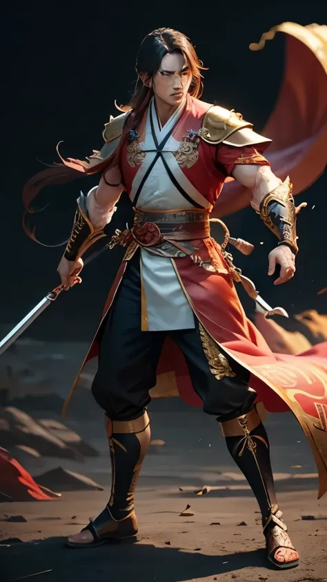 a man, full body shot, Close-up of the whole body on the front, zhao yun, xianxia hero, bian lian, Full body martial arts, wuxia, Chinese warrior, Guan yu, heise jinyao, feng shu, hua cheng, Inspired by Huang Shen, Sha Xi, Wearing a gold-plated red robe, p...