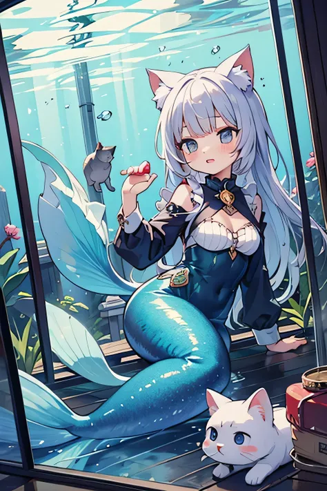 A row of glass aquariums、pet、girl、mermaid、cat ears girl