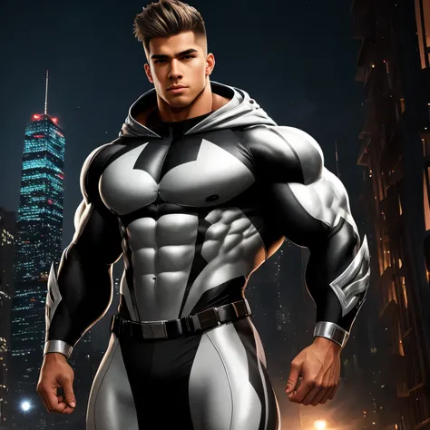 ((Extremely realistic shadows, Masterpiece, extremely detailed, photorealistic)) A teenager at 18 years old (Mexican ethnicity) Handsome, muscular thighs, bulging neck. Tanned skin massive muscular bodybuilder, gray hair, (WHITE HAIR) military haircut, tig...