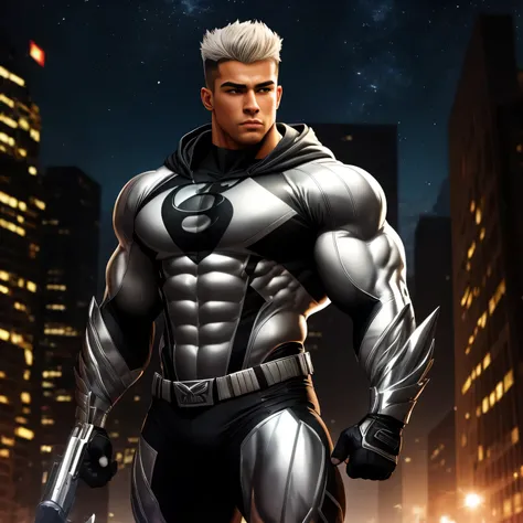 ((Extremely realistic shadows, Masterpiece, extremely detailed, photorealistic)) A teenager at 18 years old (Mexican ethnicity) Handsome, muscular thighs, bulging neck. Tanned skin massive muscular bodybuilder, gray hair, (WHITE HAIR) military haircut, tig...