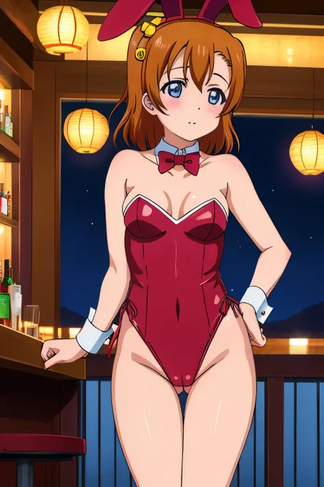 Kousaka honoka, night, bar, playboy bunny, short hair, hair ornament, crotch lines, upper body