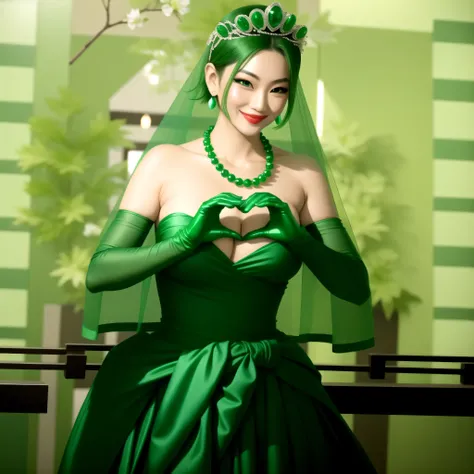 emerald tiara, green pearl necklace, boyish very short green hair, green lips, smiling Japanese woman, very short hair, Beautiful woman with big breasts, green eyes, green satin long gloves, green eyes, emerald earrings, green veil, Heart with both hands, ...