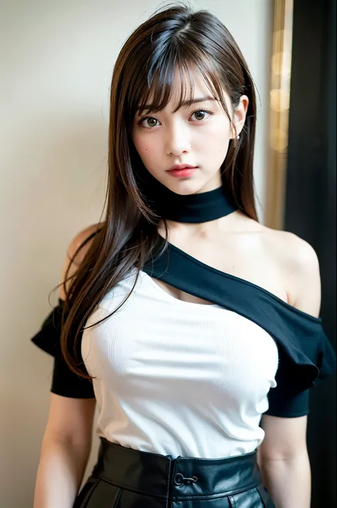 best quality, ultra high resolution, (realistic:1.4), 1 woman, Off-shoulder white shirt, black tight skirt, black choker, (Faded ash gray hair:1), (huge tits:1.2), looking at viewer, enlargement ,((best quality, 8 thousand, masterpiece :1.3)), 1 woman, Pre...